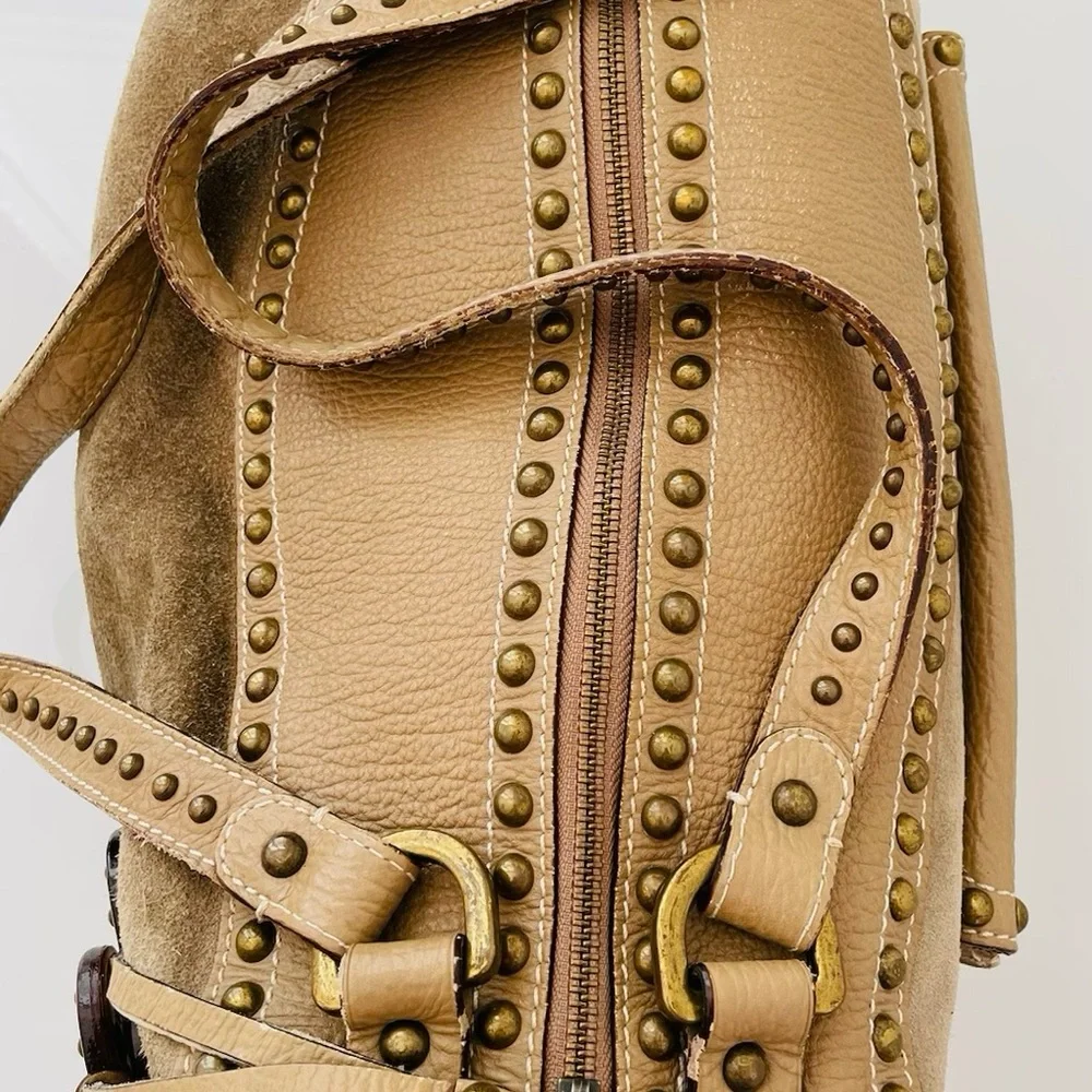 Luella Cognac studded large genuine suede duffel bag